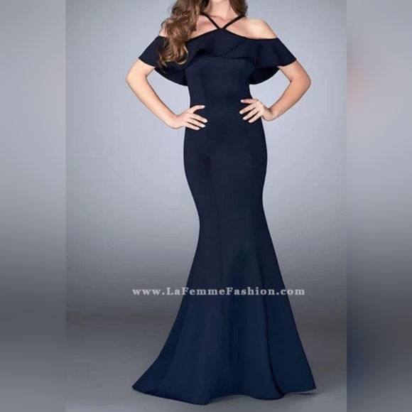 La Femme Garnet Navy Off-Shoulder Prom Dress - Picture 1 of 17